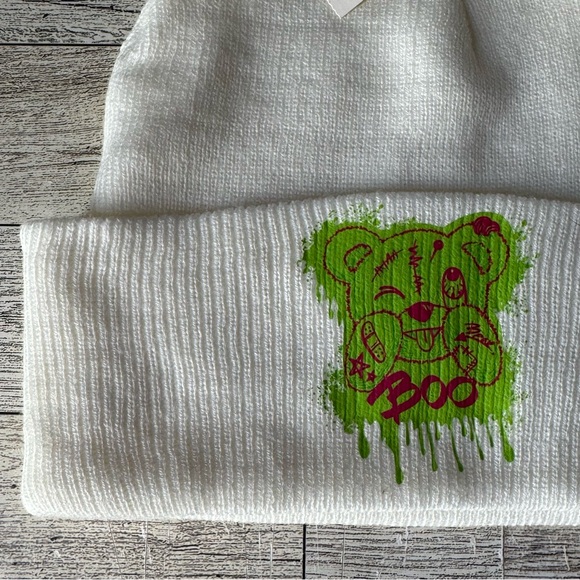 Upcycled, Neon Boo Bear, Knitted Ivory Beanie, Unisex - Picture 3 of 10